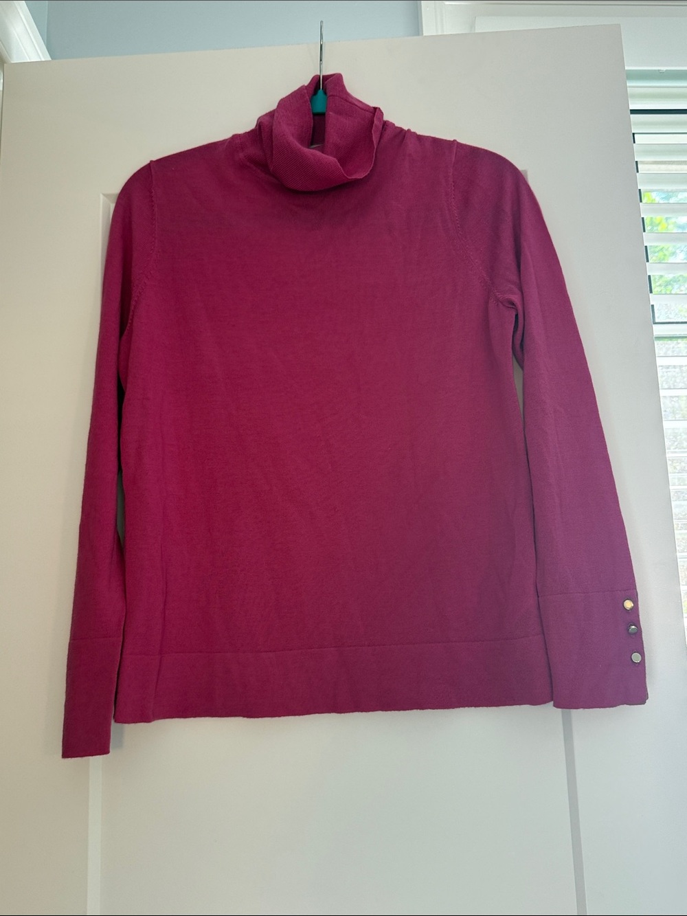 Women's Magenta Turtleneck Sweater with Gold Button Cuff Detail 100% Merino Wool